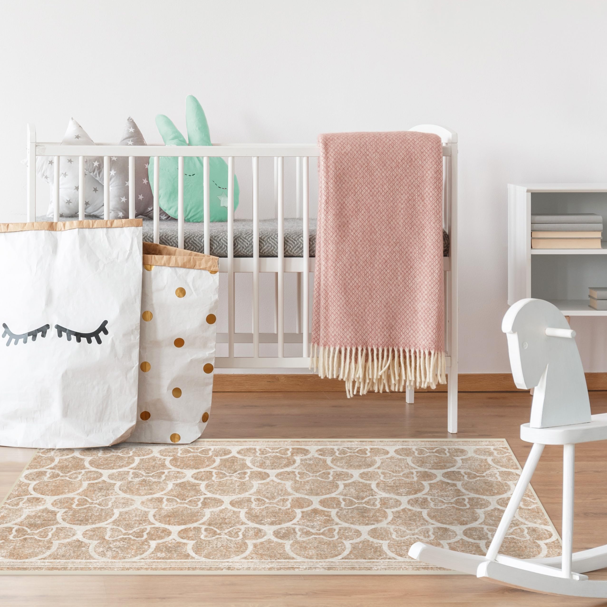 RUGGABLE Disney Classic Minnie Mouse Washable Rug - Perfect Area Rug for Nursery Playroom Kids Room - Pet &amp; Child Friendly - Stain &amp; Water Resistant - Trellis Pink 5&