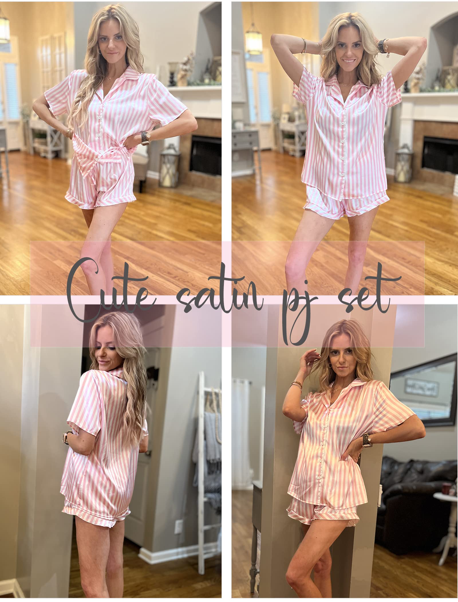 HOTOUCH Womens Satin Pajamas Set Button Down 2 Piece Silk Pjs Shorts Set Ruffle Lingerie Notch Collar Sleepwear