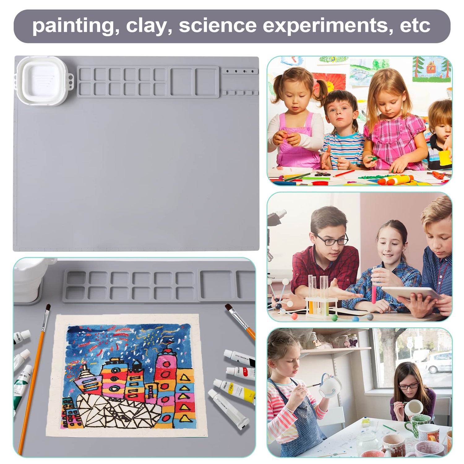 AWOKE Silicone Painting Mat - 20&quot;X16&quot; Silicone Art Mat with 1 Water Cup for Kids - Silcone Craft Mat has12 Color Dividers - 2 Paint Dividers (White)