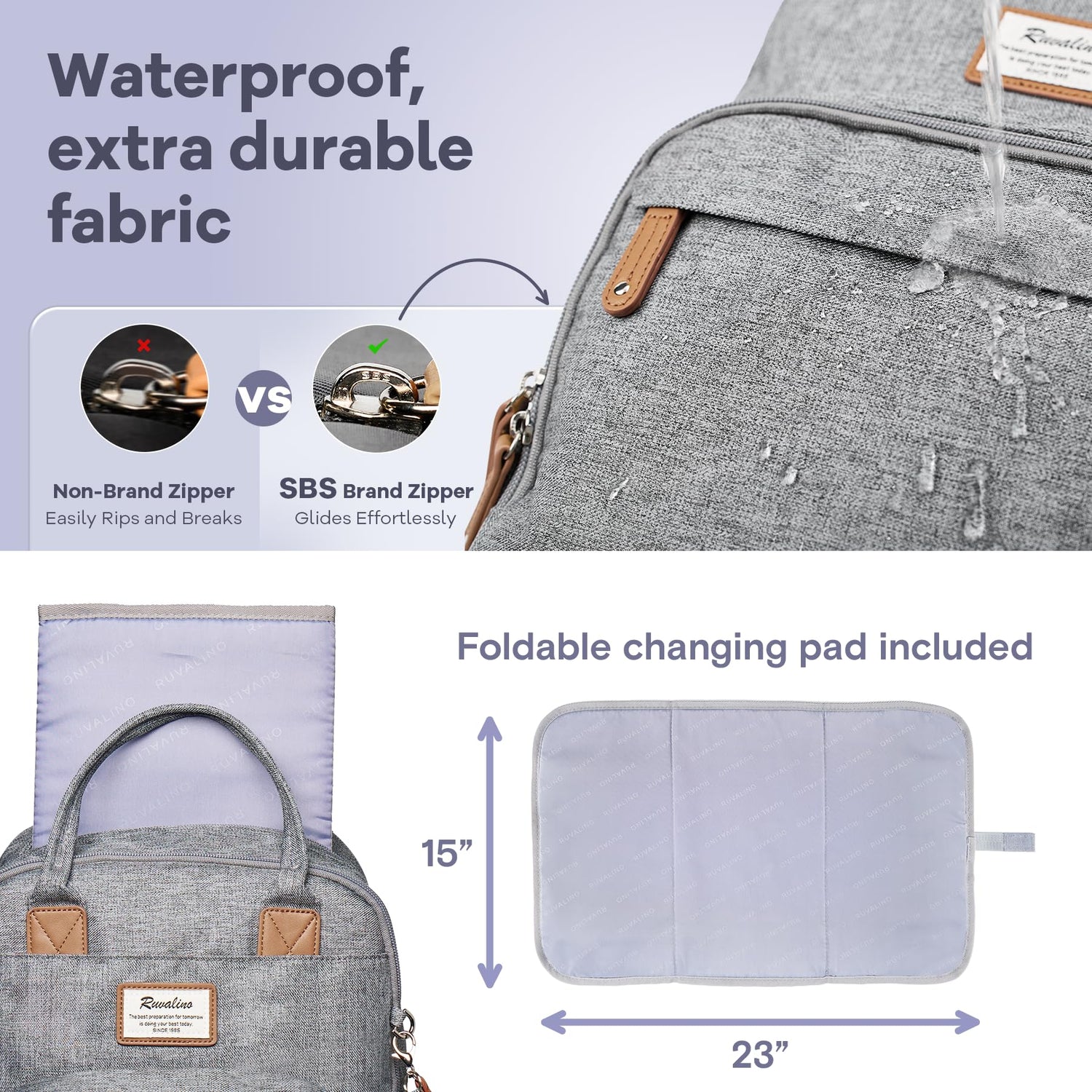 RUVALINO Diaper Bag Backpack, Multifunction Travel Pack Maternity Baby Changing Bags, Large Capacity, Waterproof, Beige
