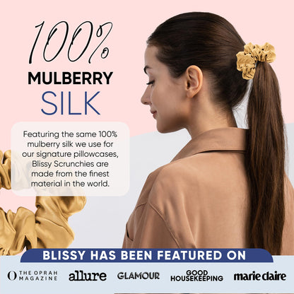 Blissy Silk Scrunchies (3 Pack) - 100% Pure Mulberry Silk - 22 Momme 6A High-Grade Fibers - Silk Scrunchie for Straight &amp; Curly Hair - Preventing Breakage, Tangling, &amp; Creasing (Black Skinny)