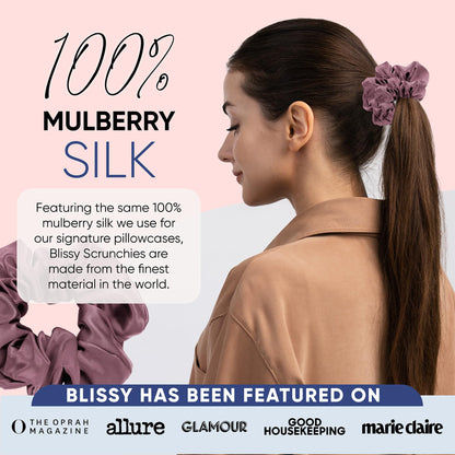 Blissy Silk Scrunchies (3 Pack) - 100% Pure Mulberry Silk - 22 Momme 6A High-Grade Fibers - Silk Scrunchie for Straight &amp; Curly Hair - Preventing Breakage, Tangling, &amp; Creasing (Rose Skinny)