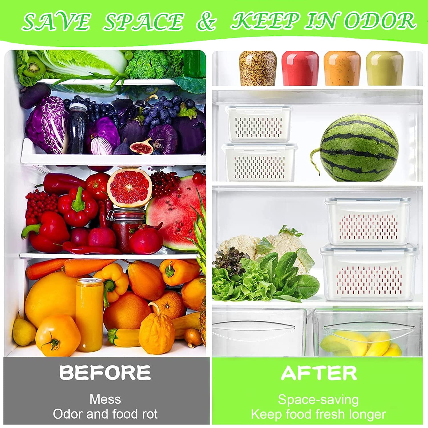 Fresh Food Storage Containers, 3 Pack Large Capacity Produce Saver Box with Drain Baskets &amp; Lid for Vegetable and Fruit - BPA Free Stackable Refrigerator Organizer for Kitchen (0.8L+1.7L+3.15L)