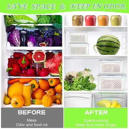 Fresh Food Storage Containers, 3 Pack Large Capacity Produce Saver Box with Drain Baskets &amp; Lid for Vegetable and Fruit - BPA Free Stackable Refrigerator Organizer for Kitchen (0.8L+1.7L+3.15L)