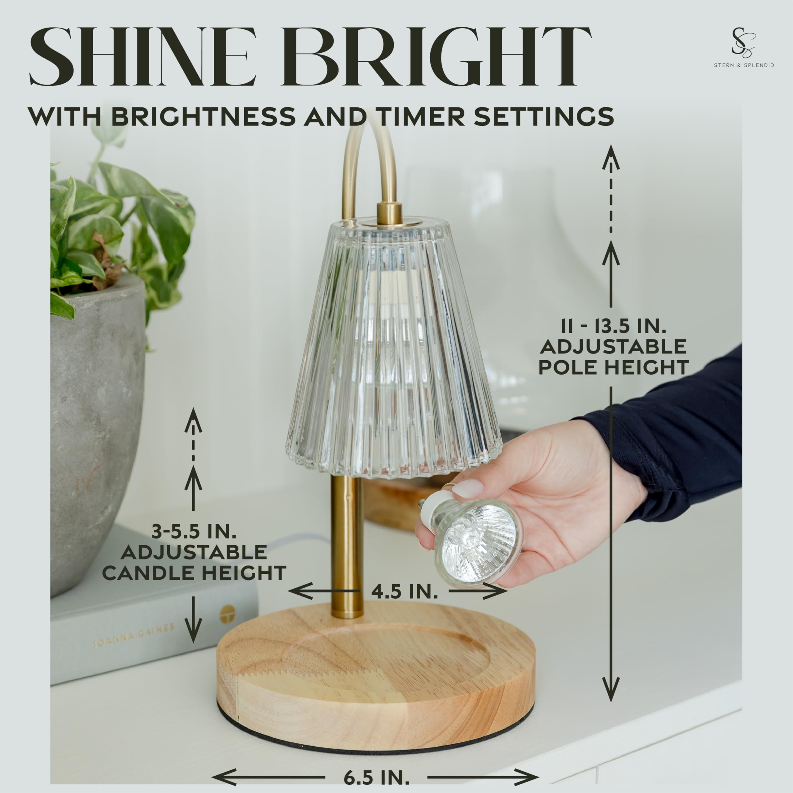 Flameless Candle Warmer Lamp for Jar Candles Large &amp; Small – Dimmable Lamp Candle Warmer Electric with Large Marble Base &amp; Adjustable Height – Candle Melter with Timer and 4 Halogen Light Bulbs