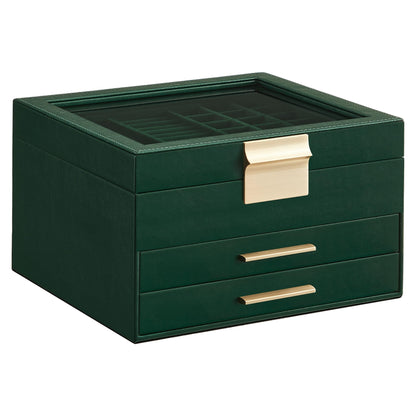 SONGMICS Jewelry Box with Glass Lid, 3-Layer Jewelry Organizer, 2 Drawers, for Big and Small Jewelry, Jewelry Storage, Modern Style, 8 x 9.1 x 5.3 Inches, Cloud White and Gold Color UJBC239WT