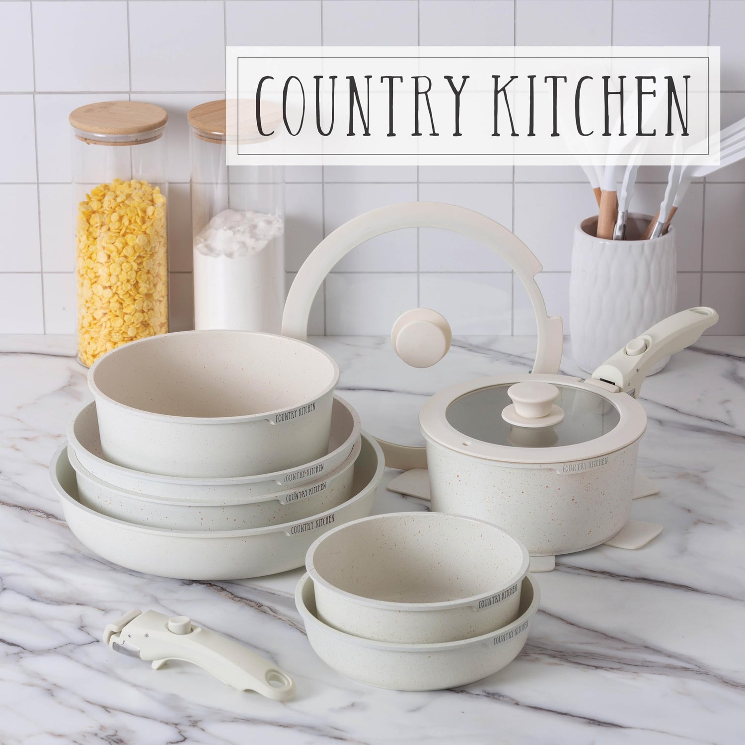 Country Kitchen Cookware Set with Removable Handle, Oven &amp; RV Safe Pots and Pans Set, Cream, Deluxe Larger Set