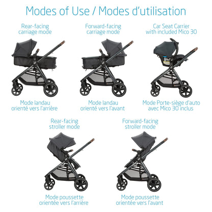Maxi-Cosi Zelia Max 5-in-1 Modular Travel System, Carraige mode, Reversible toddler seat, Use from birth, Mico infant car seat (included), Polished Pebble
