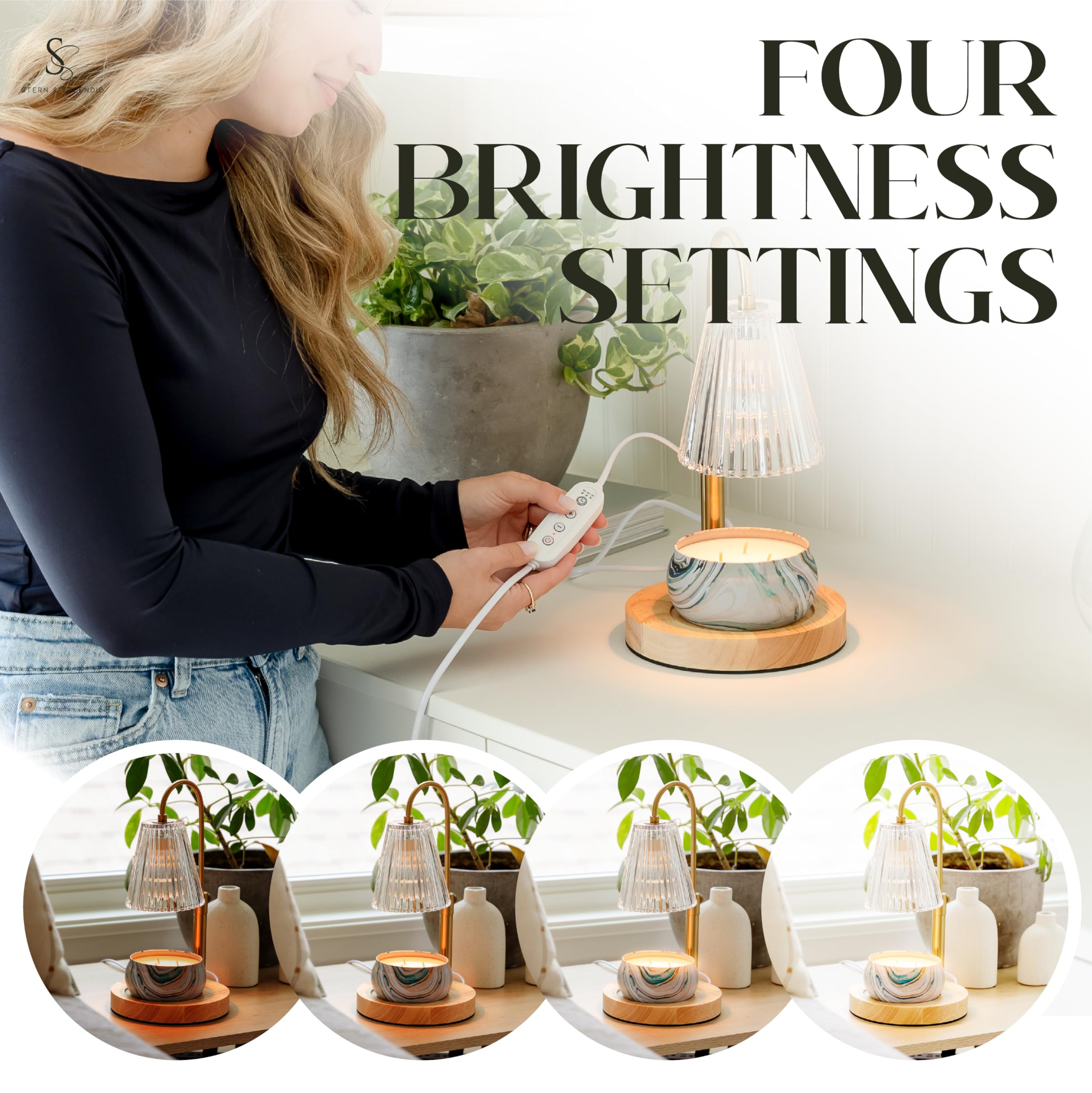 Flameless Candle Warmer Lamp for Jar Candles Large &amp; Small – Dimmable Lamp Candle Warmer Electric with Large Marble Base &amp; Adjustable Height – Candle Melter with Timer and 4 Halogen Light Bulbs