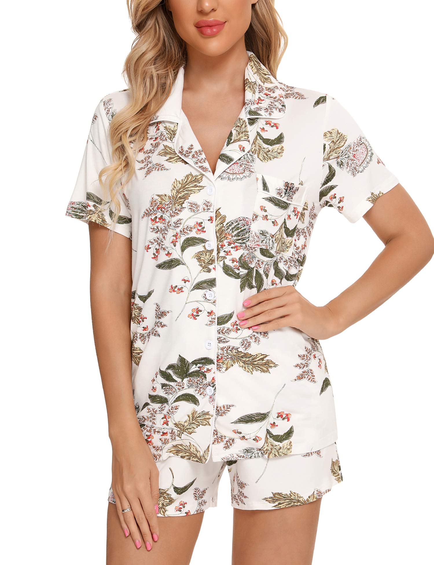 Senert Pajamas Set For Women Short Sleeve Sleepwear Soft Button Down Pjs Set Nightwear Lounge Sets S-XXL