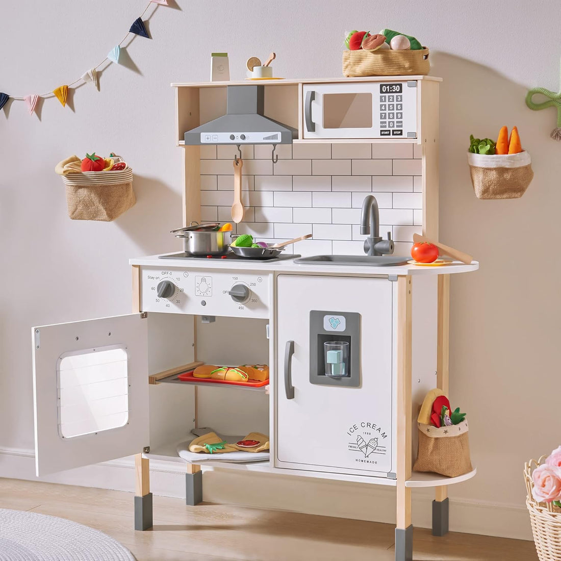 Play-Kitchen-for-Kids with 18 Pcs Toy Food &amp; Kids Coffee Maker Wooden Kitchen Toys - 17Pcs Toy Coffee Maker Playset