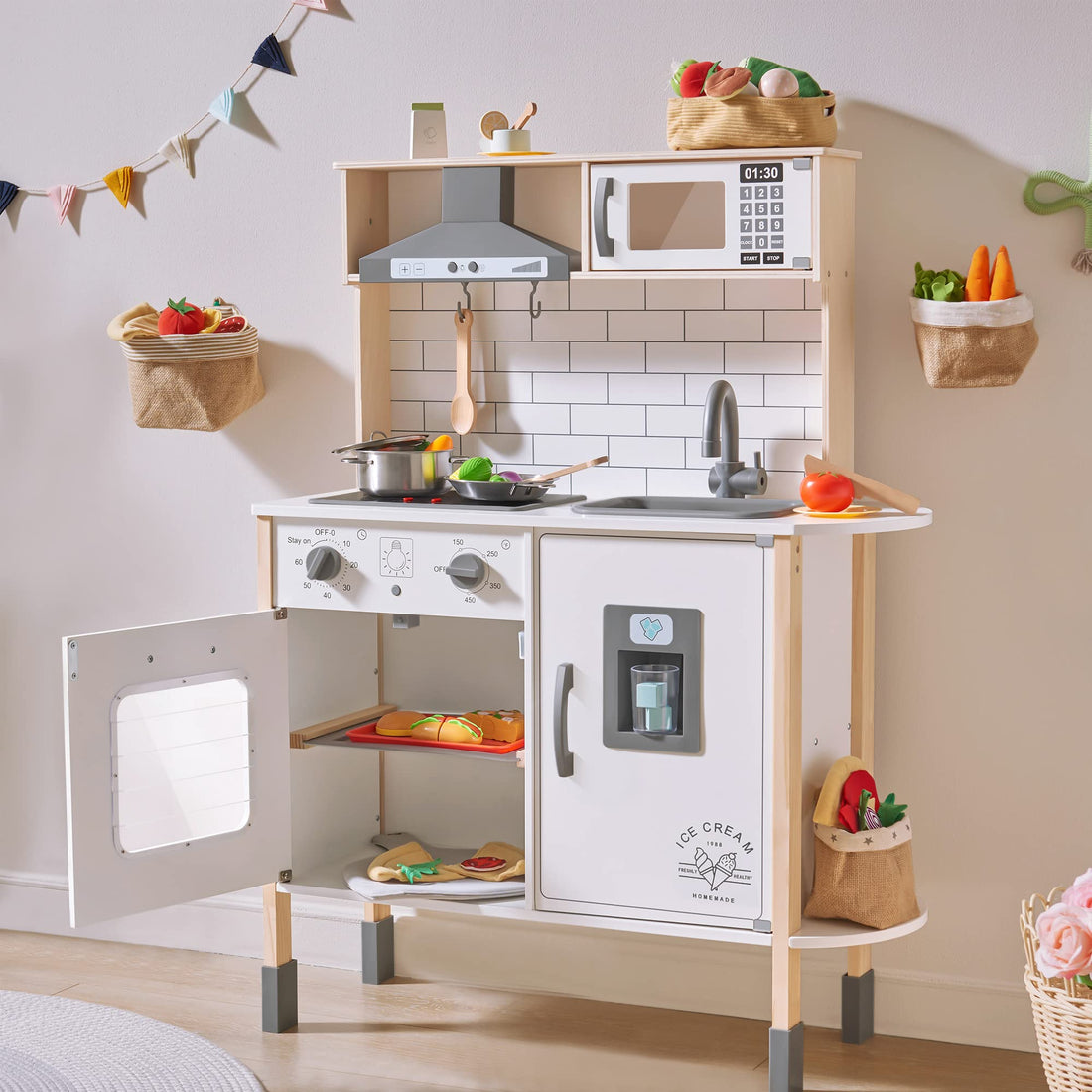 Play Kitchen for Kids with 18 Pcs Toy Food &amp; Cookware Accessories Bundle with 43 Pcs Kids Wooden Play Food
