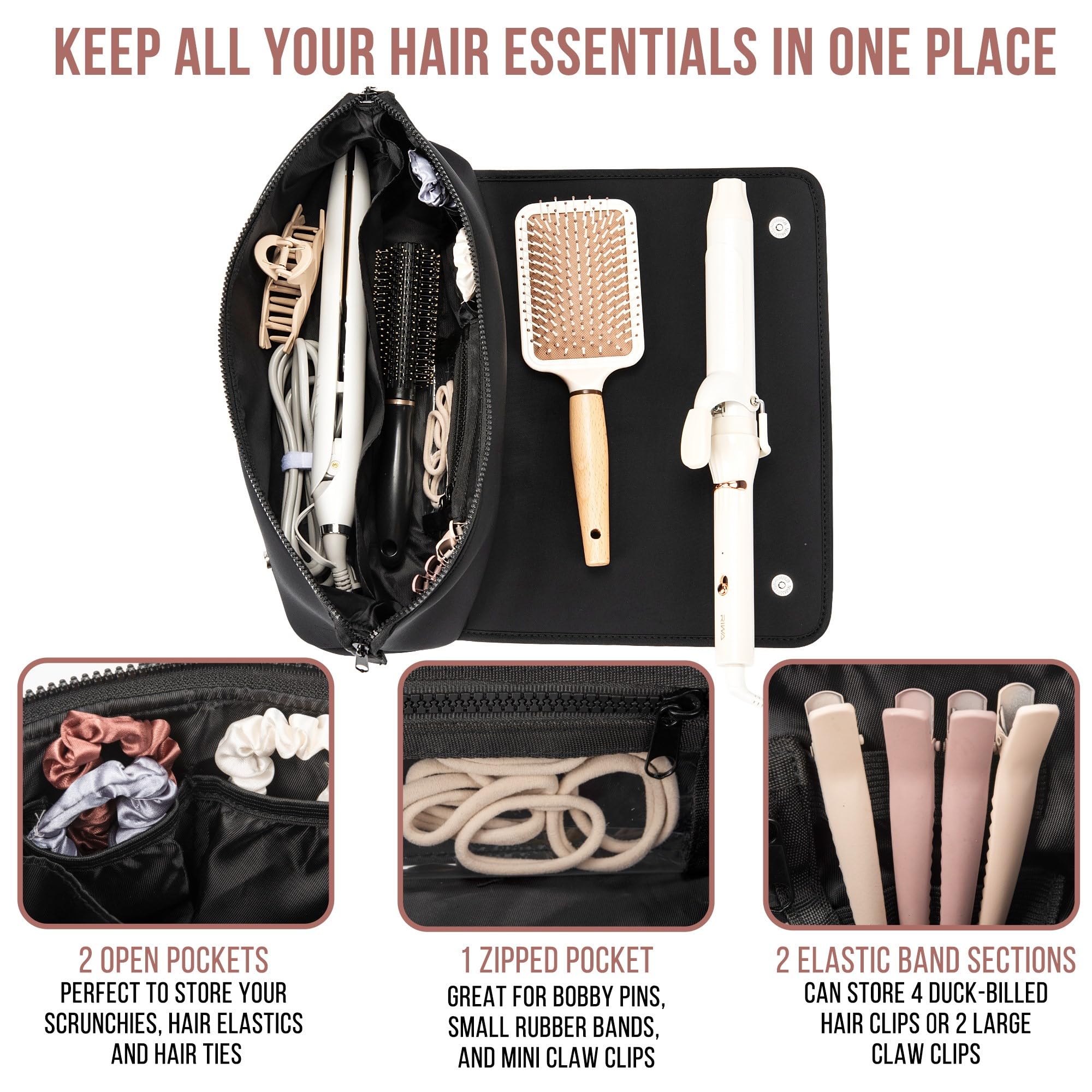 BAREFOOT CARIBOU Hair Tools Travel Bag and Heat Resistant Mat for Flat Irons, Straighteners, Curling Iron, and Haircare Accessories, 2-in-1 Design, with Interior Pockets, Portable Organizer (Ivory)