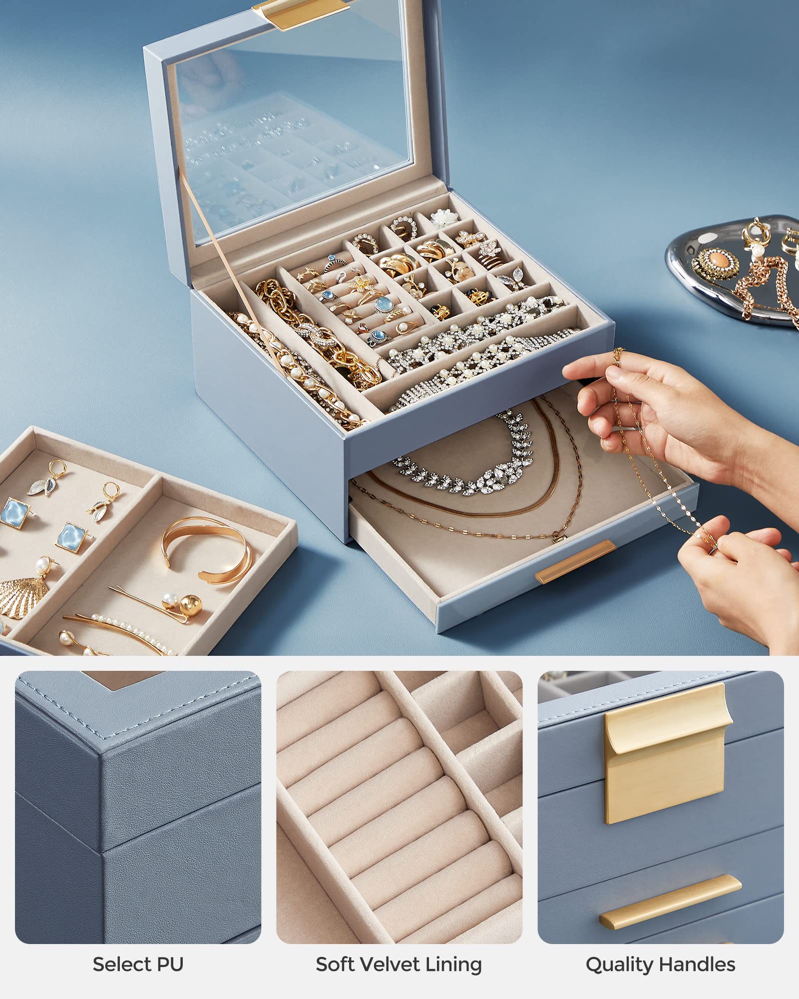 SONGMICS Jewelry Box with Glass Lid, 3-Layer Jewelry Organizer, 2 Drawers, for Big and Small Jewelry, Jewelry Storage, Modern Style, 8 x 9.1 x 5.3 Inches, Cloud White and Gold Color UJBC239WT