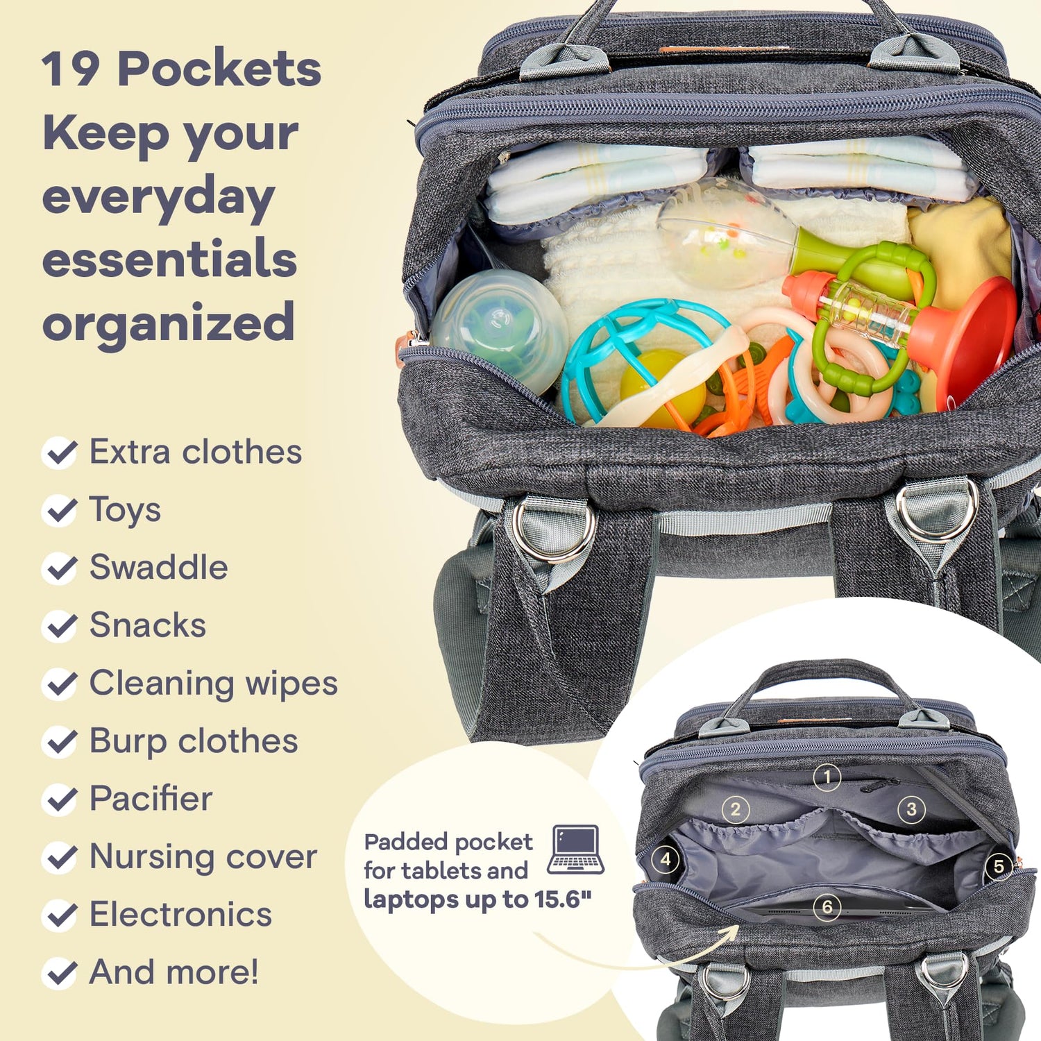 RUVALINO Diaper Bag Backpack, Multifunction Travel Pack Maternity Baby Changing Bags, Large Capacity, Waterproof, Beige