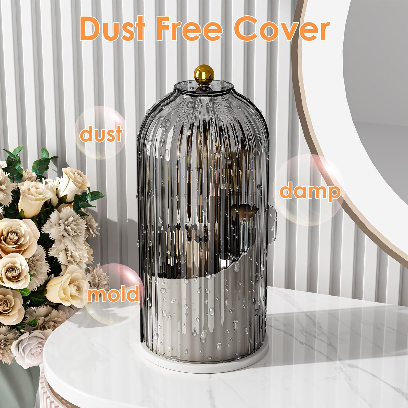Makeup Brush Holder Organizer with Lid,360 Rotating Clear Dustproof Makeup Brushes Organizer for Vanity Desktop Bathroom Countertop (Transparent)