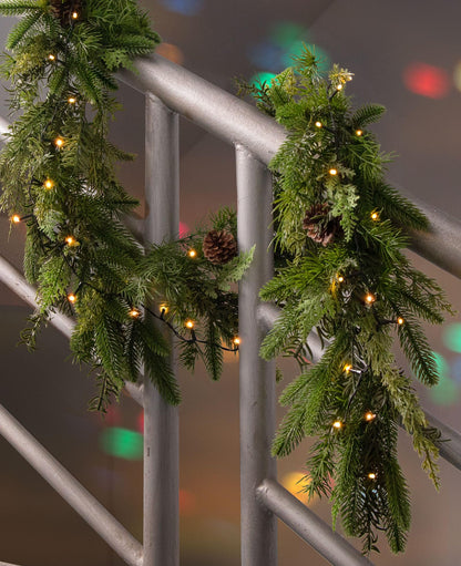 Jin&amp;Bao 6FT Real Touch Norfolk Pine Garlands, Christmas Garland with Lights, Christmas Decorations for Mantel Stairs Table Runner Outdoor Indoor Winter Decor, 50 LED with Timer 8 Modes