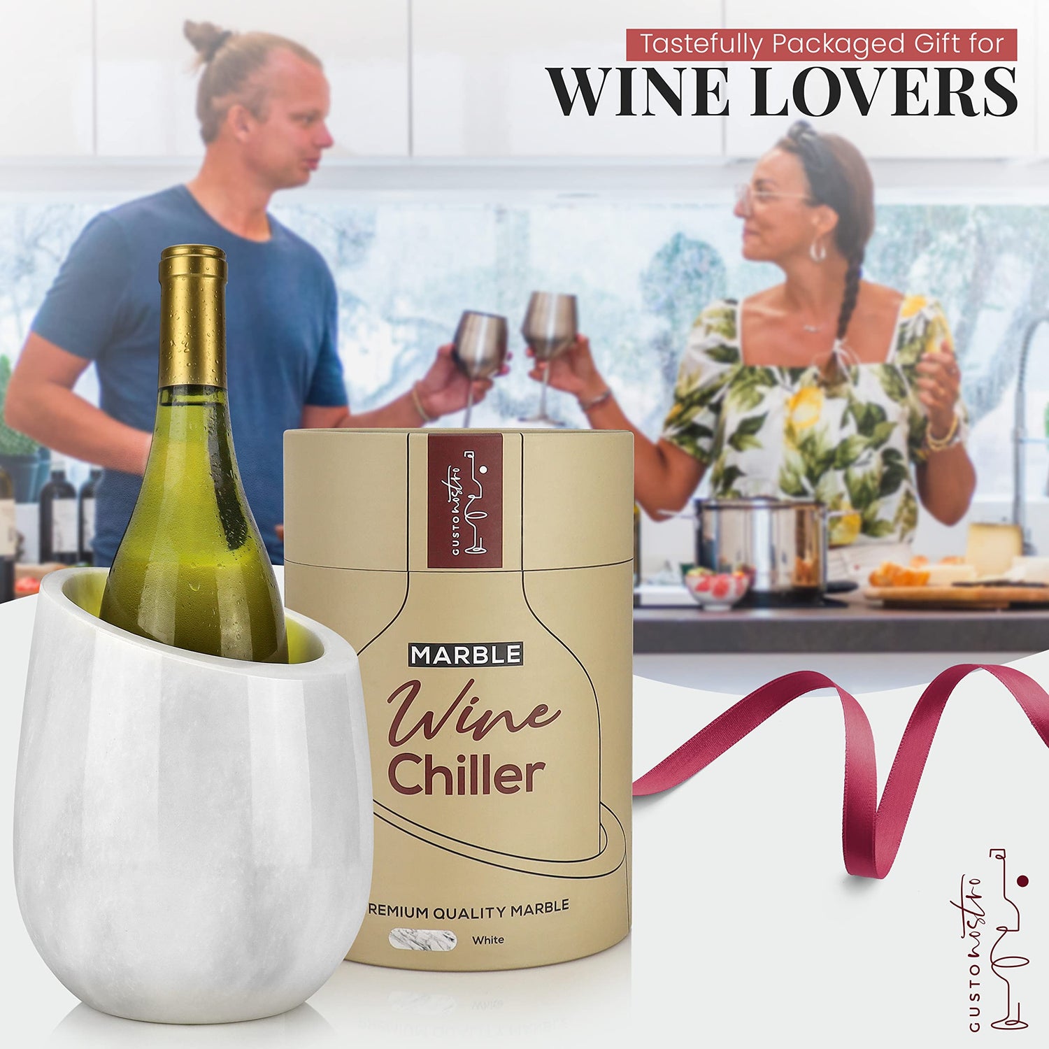 Gusto Nostro Marble Wine Chiller Bucket - 750ml Wine Bottle Cooler and Champagne Chiller for Party, Kitchen, Bar Cart Decor to Chill &amp; Keep Bottles Cold with Unique Wine Lovers Gift Box (White)