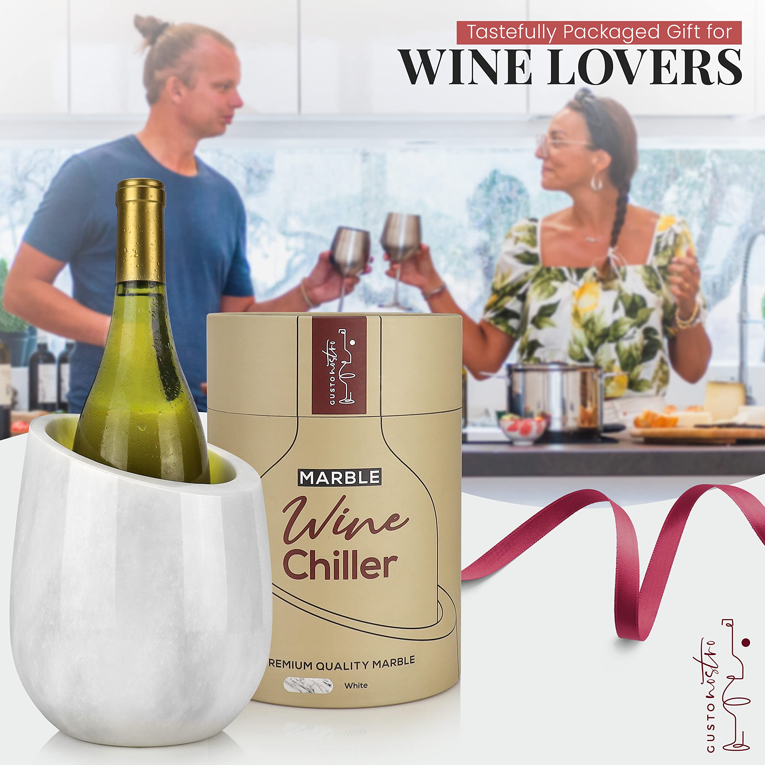 Gusto Nostro Marble Wine Chiller Bucket - 750ml Wine Bottle Cooler and Champagne Chiller for Party, Kitchen, Bar Cart Decor to Chill &amp; Keep Bottles Cold with Unique Wine Lovers Gift Box (White)