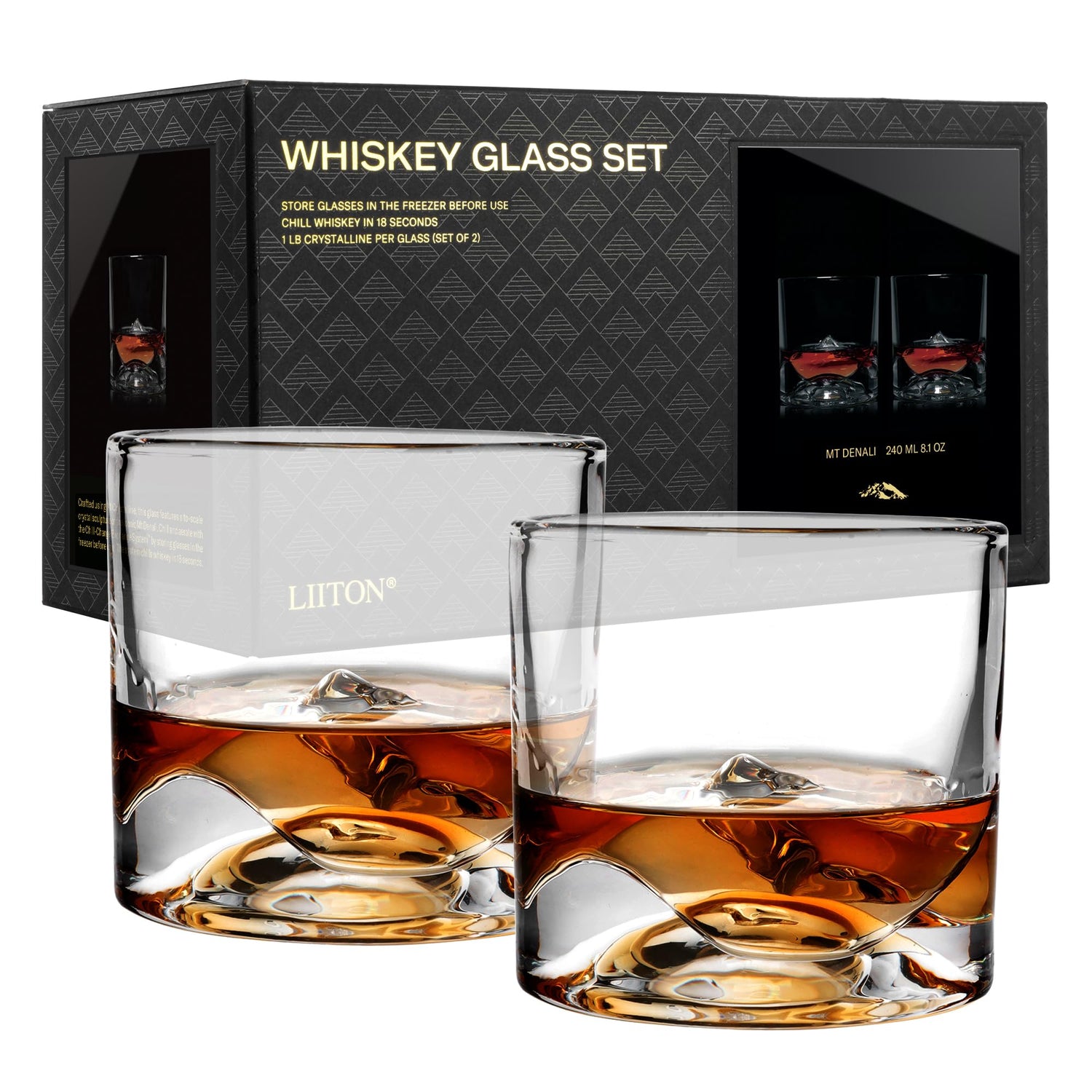 LIITON Heavy Crystal Whiskey Glasses Gift Set, Thick Freezable Bourbon Glass 1lb Each, Premium Whiskey Gifts for Men, Frozen Crystal Chills Cocktails Featuring Grand Canyon Glasses Set of 2, 10 oz