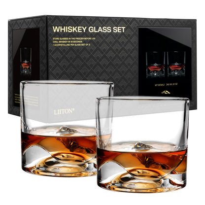 LIITON Heavy Crystal Whiskey Glasses Gift Set, Thick Freezable Bourbon Glass 1lb Each, Premium Whiskey Gifts for Men, Frozen Crystal Chills Cocktails Featuring Grand Canyon Glasses Set of 2, 10 oz