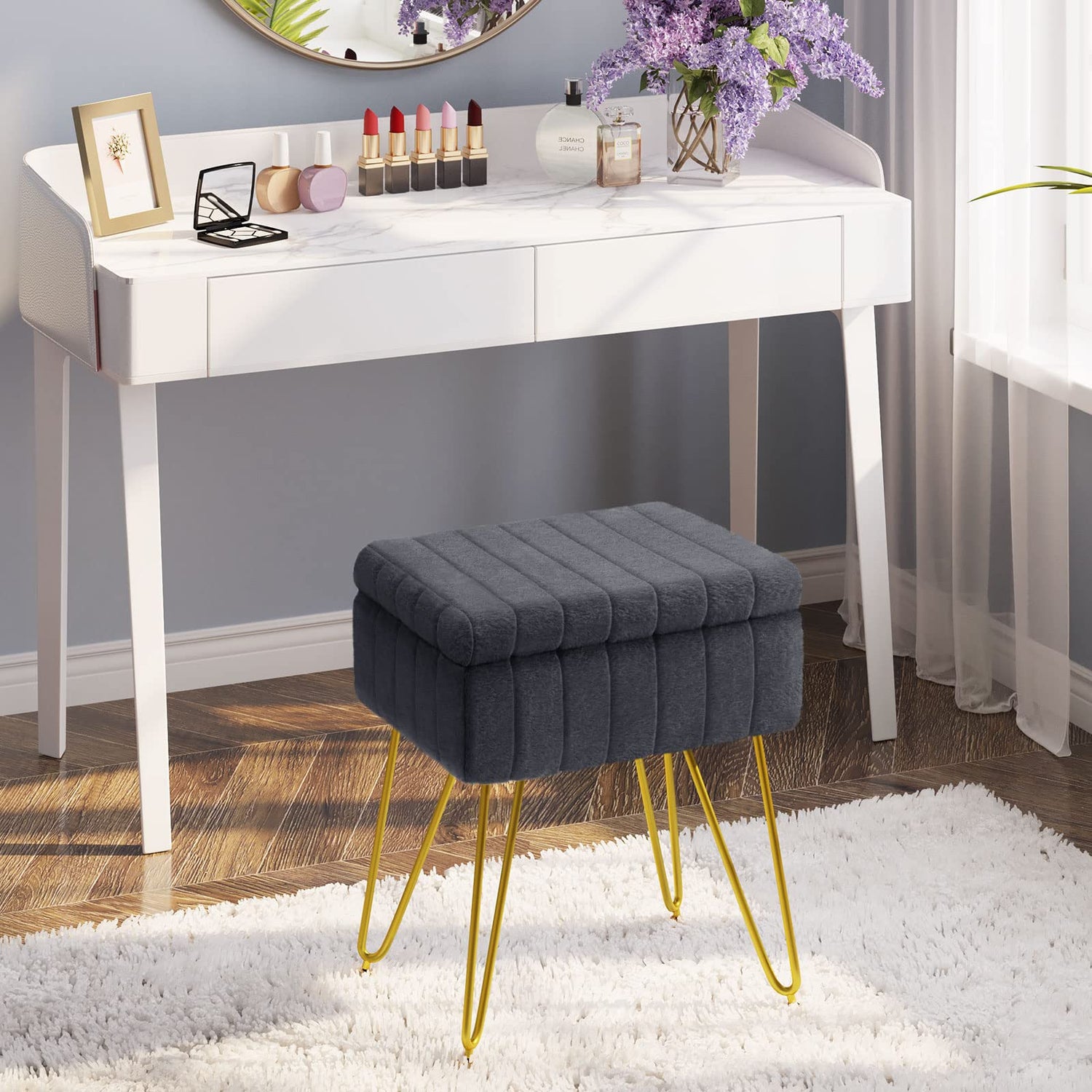 Greenstell Vanity Stool Chair Faux Fur with Storage, 19.4&quot; H x 15.7&quot; L x 11.8&quot; W Soft Ottoman 4 Metal Legs with Anti-Slip Feet, Furry Padded Seat, Modern Multifunctional Chairs for Makeup, Bedroom