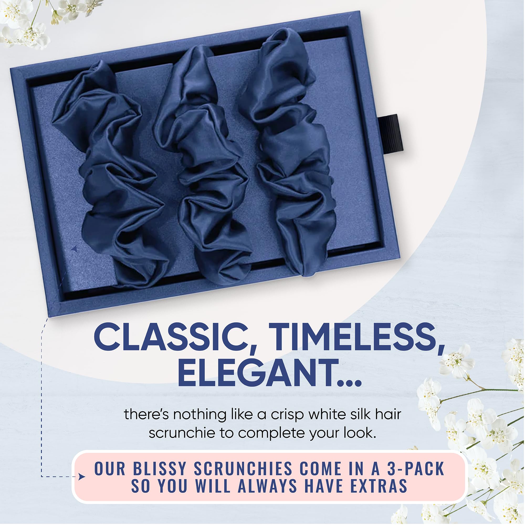 Blissy Silk Scrunchies (3 Pack) - 100% Pure Mulberry Silk - 22 Momme 6A High-Grade Fibers - Silk Scrunchie for Straight &amp; Curly Hair - Preventing Breakage, Tangling, &amp; Creasing (Black Skinny)