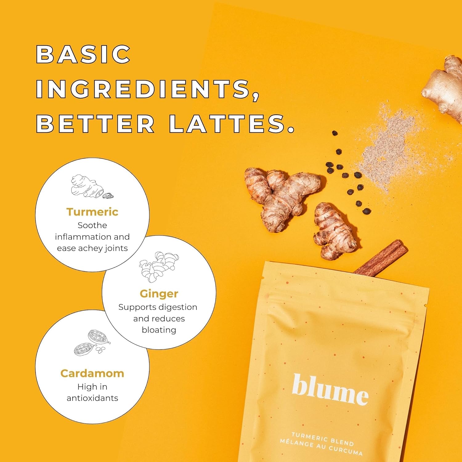 Blume Golden Milk with Turmeric and Ginger - Superfoods Golden Milk Latte Powder - Caffeine, Sugar &amp; Gluten Free - Vegan &amp; Keto Friendly Turmeric Latte - 30 Servings