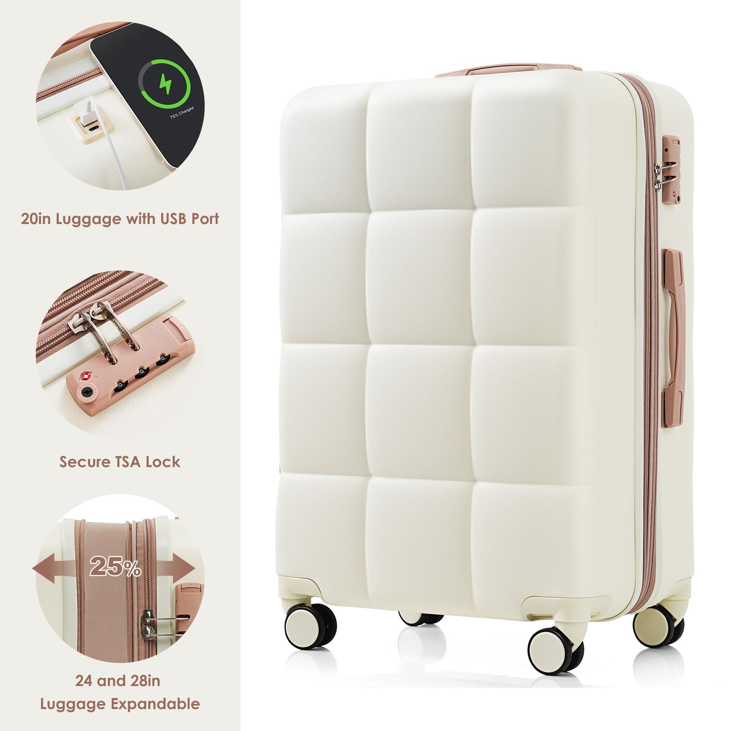 Merax 3 Pcs ABS Hardside Luggage Sets TSA Lock Spinner Wheel Suitcases, Pearly White, 20/24/28 Inch