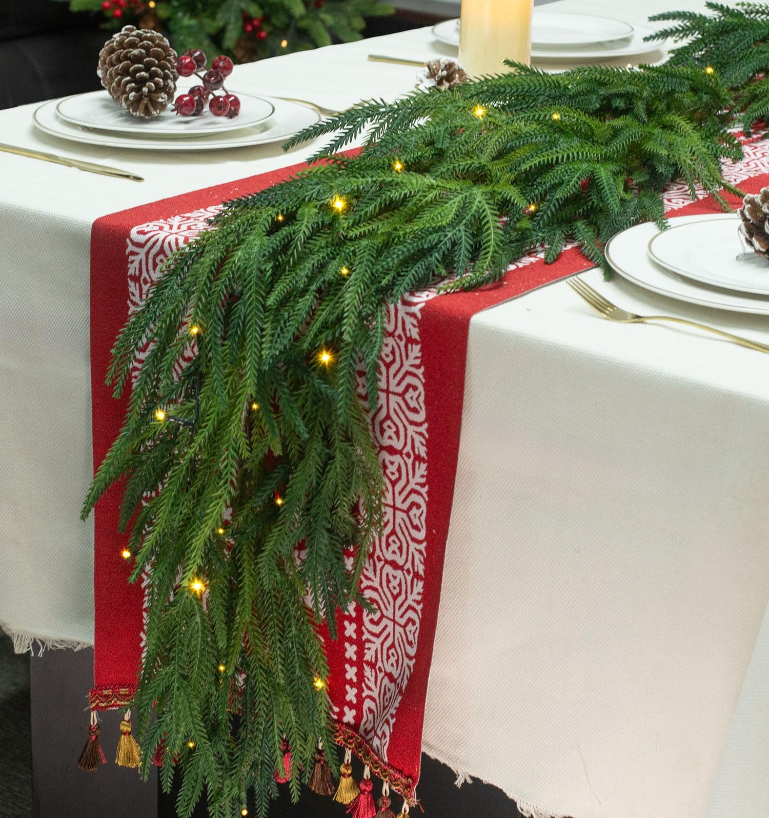 Jin&amp;Bao 6FT Real Touch Norfolk Pine Garlands, Christmas Garland with Lights, Christmas Decorations for Mantel Stairs Table Runner Outdoor Indoor Winter Decor, 50 LED with Timer 8 Modes