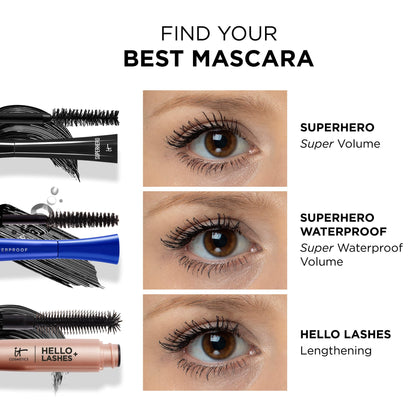 IT Cosmetics Superhero Mascara – Super Elastic Stretch Black Mascara for Volume &amp; Length - Volumizing Mascara with Collagen, Biotin &amp; Peptides – Suitable Makeup Mascara for Sensitive Eyes