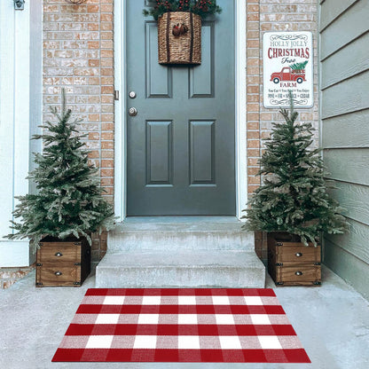 Christmas Red and White Plaid Rug - 28 x 43 Inches Outdoor Front Door Decor Mat Cotton Washable Hand-Woven Rug Christmas New Year Holiday Porch Entryway Layered Doormat