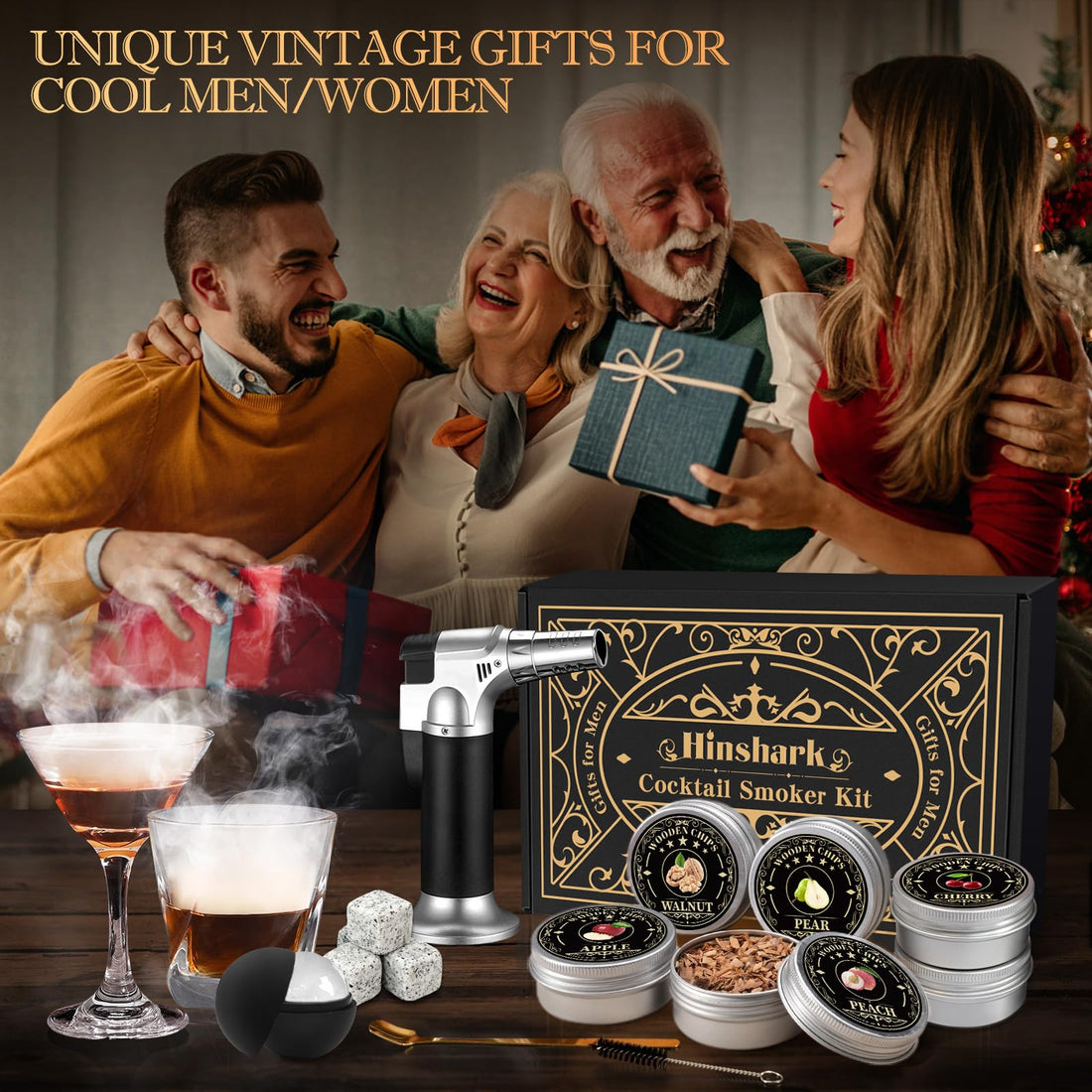 Gifts for Men Cocktail Smoker Kit for Bourbon Whiskey, Dad Mens Gifts for Christmas, Bourbon Whiskey Smoker Gifts for Men Dad Him Husband, 6 Flavors Wood Chips for Old Fashioned Smoker Kit (No Butane)