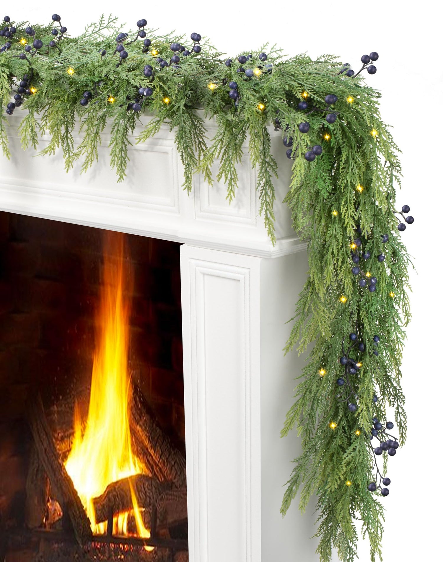 Jin&amp;Bao 6FT Real Touch Norfolk Pine Garlands, Christmas Garland with Lights, Christmas Decorations for Mantel Stairs Table Runner Outdoor Indoor Winter Decor, 50 LED with Timer 8 Modes