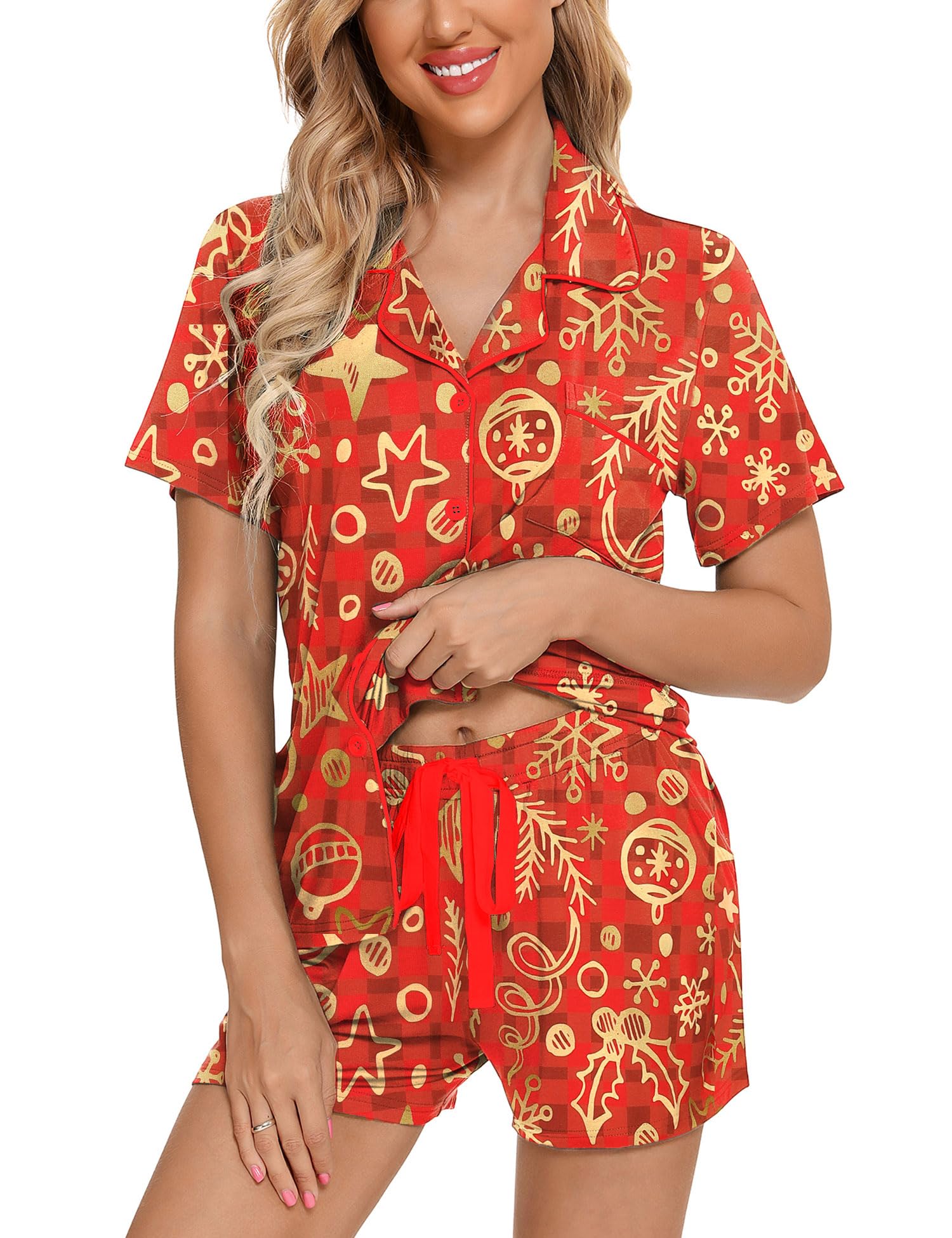 Senert Pajamas Set For Women Short Sleeve Sleepwear Soft Button Down Pjs Set Nightwear Lounge Sets S-XXL