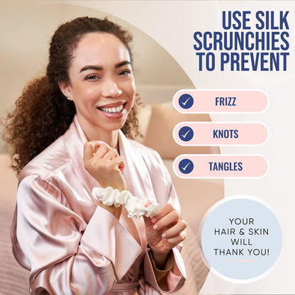 Blissy Silk Scrunchies (3 Pack) - 100% Pure Mulberry Silk - 22 Momme 6A High-Grade Fibers - Silk Scrunchie for Straight &amp; Curly Hair - Preventing Breakage, Tangling, &amp; Creasing (Rose Skinny)