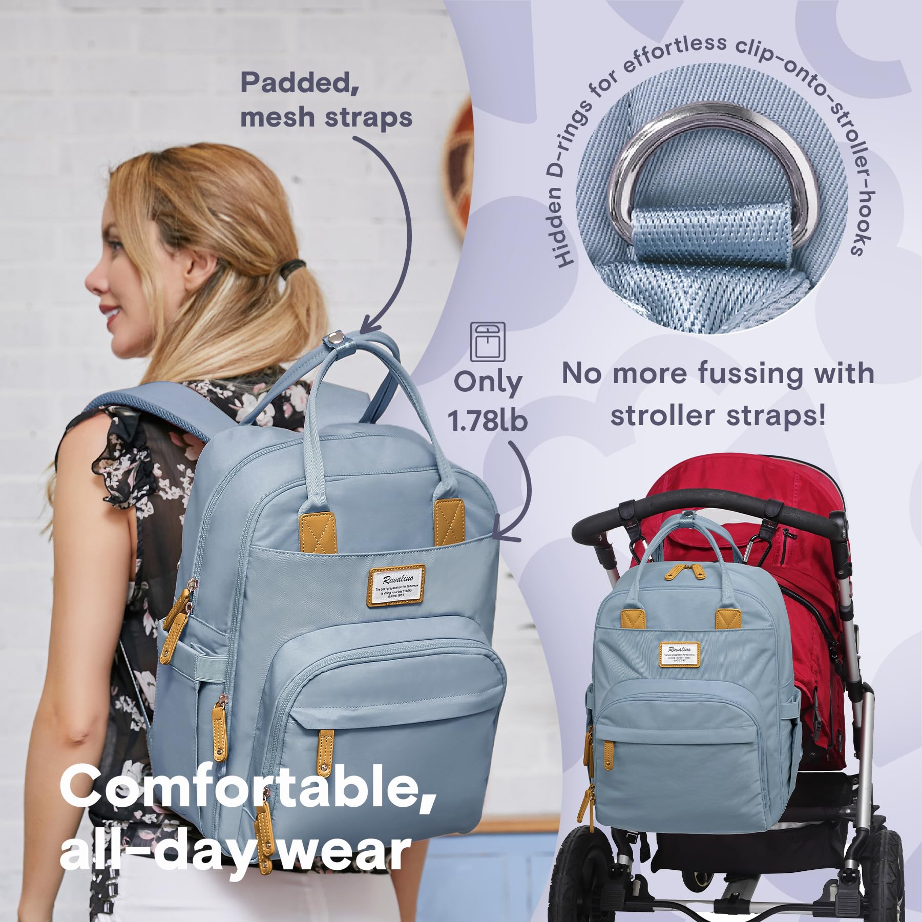 RUVALINO Diaper Bag Backpack, Multifunction Travel Pack Maternity Baby Changing Bags, Large Capacity, Waterproof, Beige