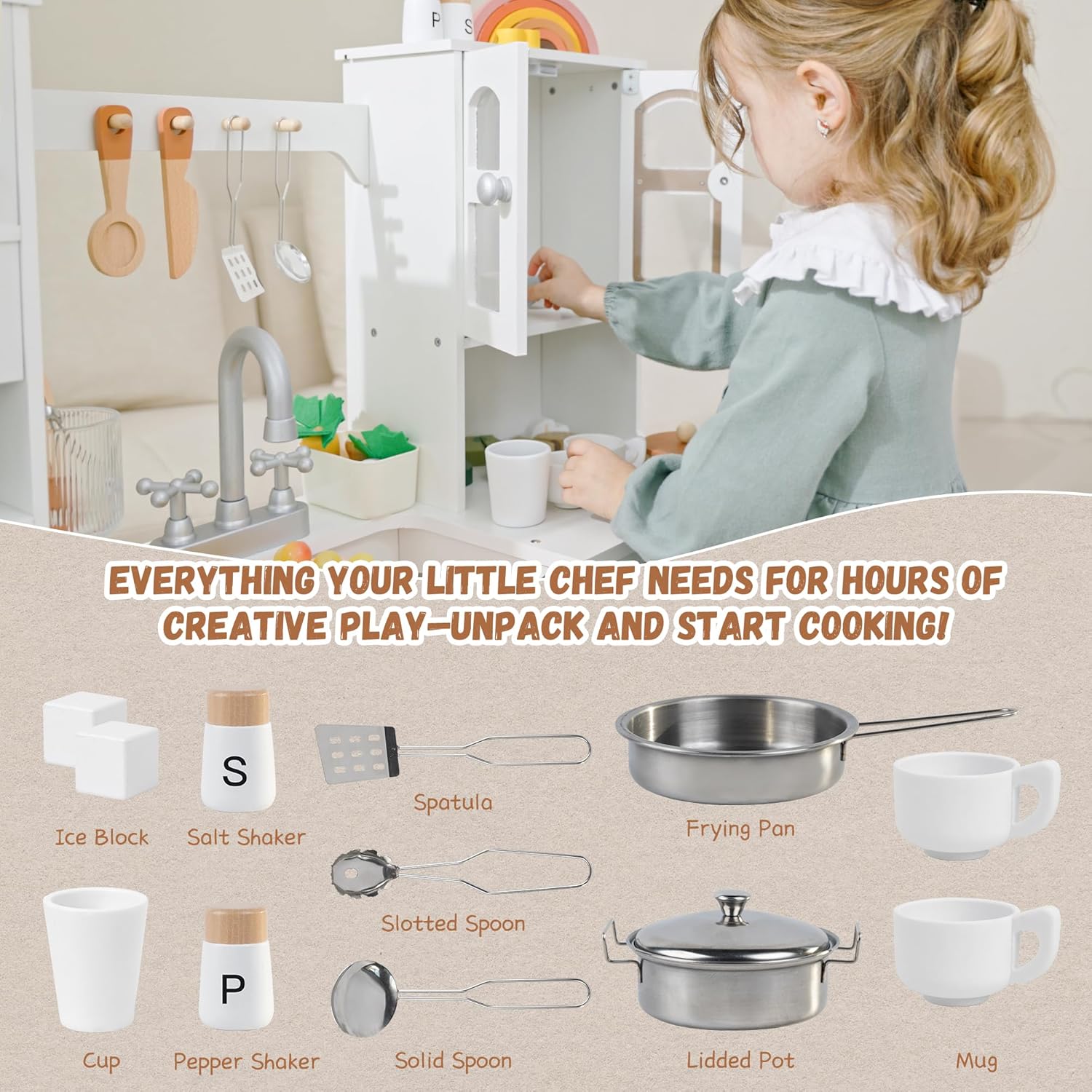 Wooden Play Kitchen for Kids with Realistic Lights and Sounds, Large Toddlers Interactive Kitchen Playset with Ice Maker, Stove, Sink, Oven, and 12 Accessories, Pretend Play Kitchen Set for Ages 3-8