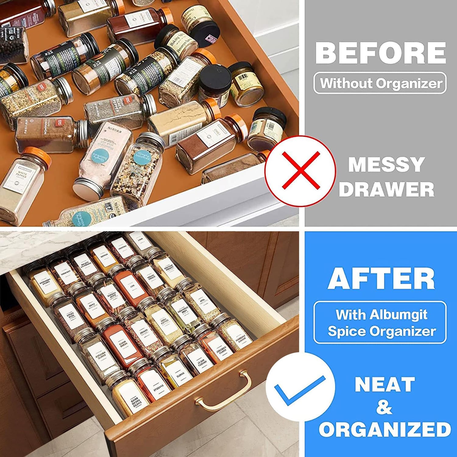 Clear Acrylic Spice Drawer Organizer, 4 Tier- 2 Set Expandable From 33 cm to 66 cm Seasoning Jars Drawers Insert, Kitchen Spice Rack Tray for Drawer/Countertop (Jars and Labels not included)
