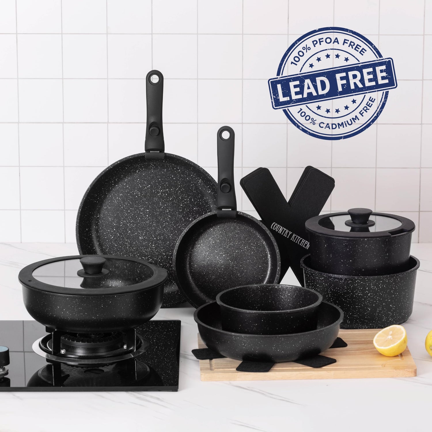 Country Kitchen Cookware Set with Removable Handle, Oven &amp; RV Safe Pots and Pans Set, Cream, Deluxe Larger Set