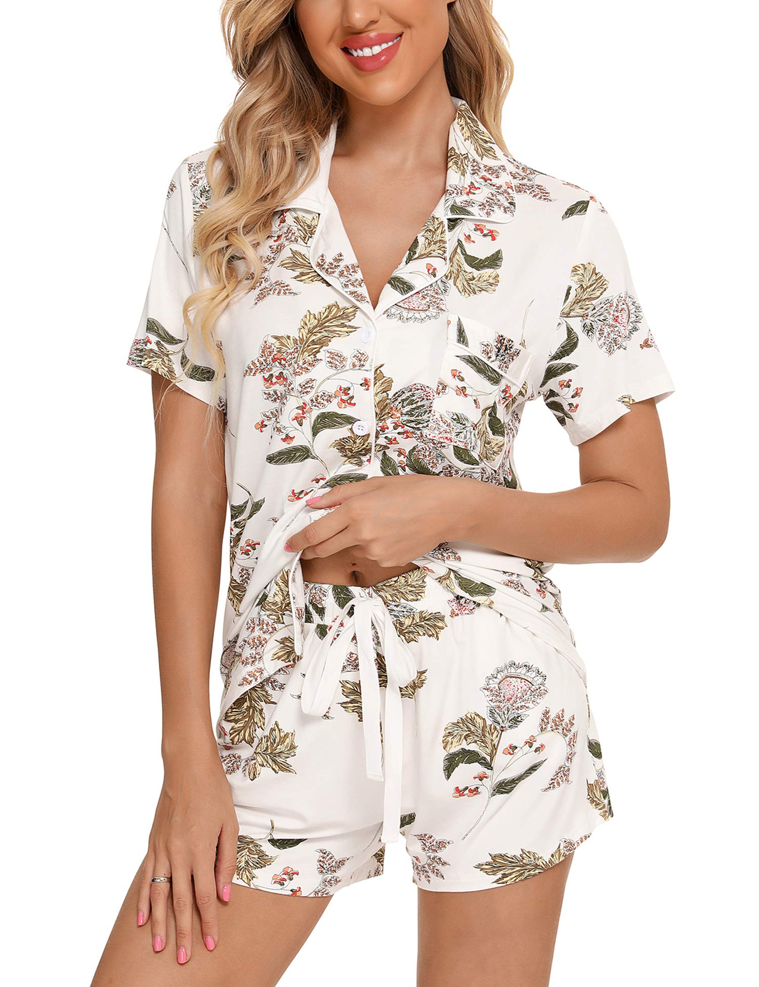 Senert Pajamas Set For Women Short Sleeve Sleepwear Soft Button Down Pjs Set Nightwear Lounge Sets S-XXL