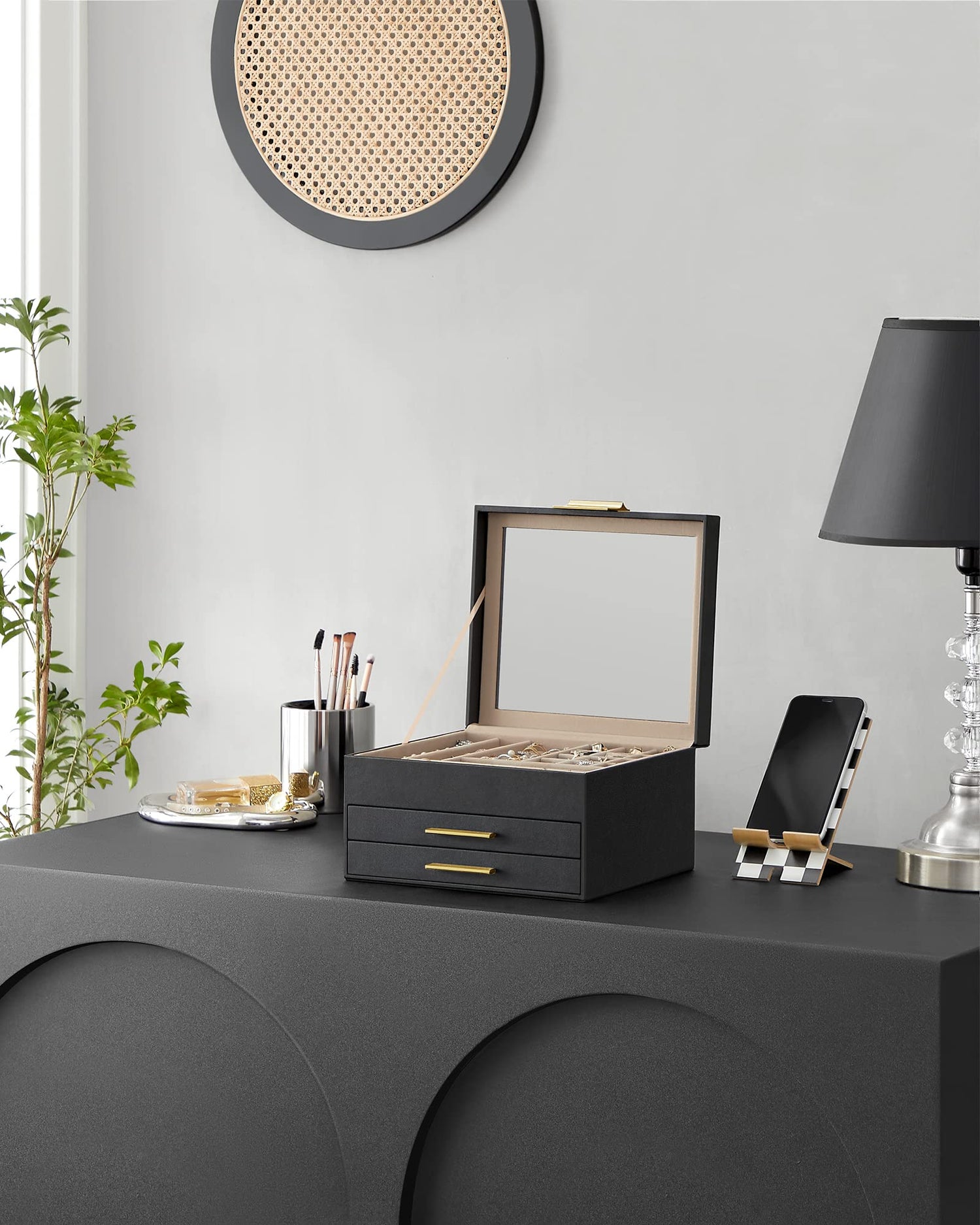 SONGMICS Jewelry Box with Glass Lid, 3-Layer Jewelry Organizer, 2 Drawers, for Big and Small Jewelry, Jewelry Storage, Modern Style, 8 x 9.1 x 5.3 Inches, Cloud White and Gold Color UJBC239WT