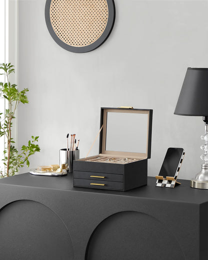 SONGMICS Jewelry Box with Glass Lid, 3-Layer Jewelry Organizer, 2 Drawers, for Big and Small Jewelry, Jewelry Storage, Modern Style, 8 x 9.1 x 5.3 Inches, Cloud White and Gold Color UJBC239WT