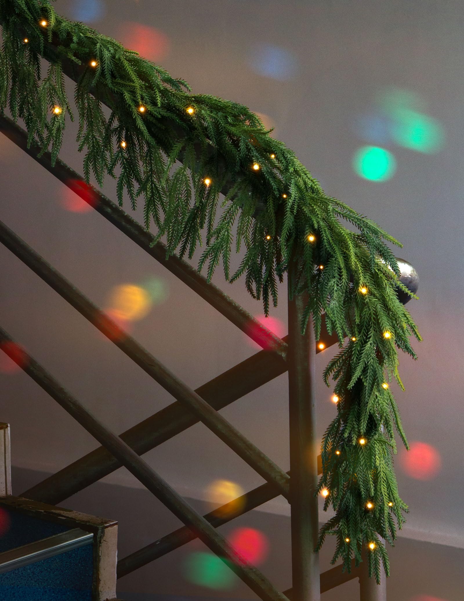 Jin&amp;Bao 6FT Real Touch Norfolk Pine Garlands, Christmas Garland with Lights, Christmas Decorations for Mantel Stairs Table Runner Outdoor Indoor Winter Decor, 50 LED with Timer 8 Modes
