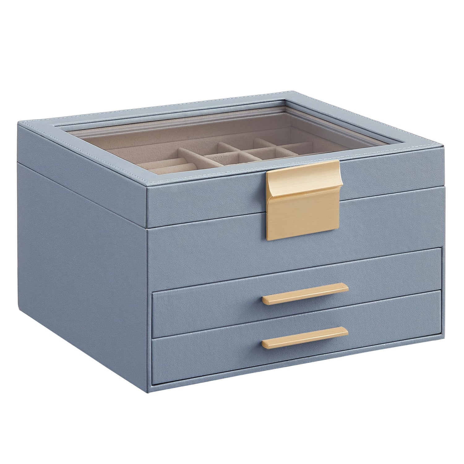 SONGMICS Jewelry Box with Glass Lid, 3-Layer Jewelry Organizer, 2 Drawers, for Big and Small Jewelry, Jewelry Storage, Modern Style, 8 x 9.1 x 5.3 Inches, Cloud White and Gold Color UJBC239WT