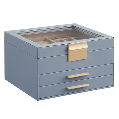 SONGMICS Jewelry Box with Glass Lid, 3-Layer Jewelry Organizer, 2 Drawers, for Big and Small Jewelry, Jewelry Storage, Modern Style, 8 x 9.1 x 5.3 Inches, Cloud White and Gold Color UJBC239WT