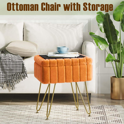 Greenstell Vanity Stool Chair Faux Fur with Storage, 19.4&quot; H x 15.7&quot; L x 11.8&quot; W Soft Ottoman 4 Metal Legs with Anti-Slip Feet, Furry Padded Seat, Modern Multifunctional Chairs for Makeup, Bedroom