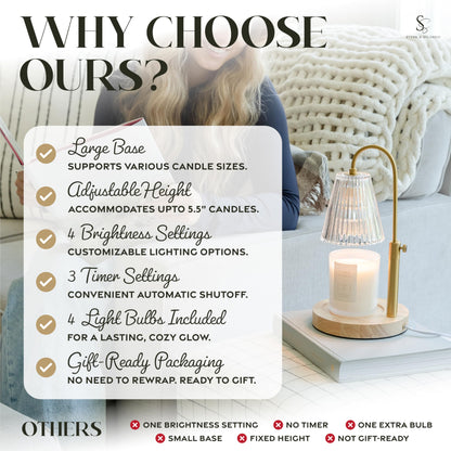 Flameless Candle Warmer Lamp for Jar Candles Large &amp; Small – Dimmable Lamp Candle Warmer Electric with Large Marble Base &amp; Adjustable Height – Candle Melter with Timer and 4 Halogen Light Bulbs