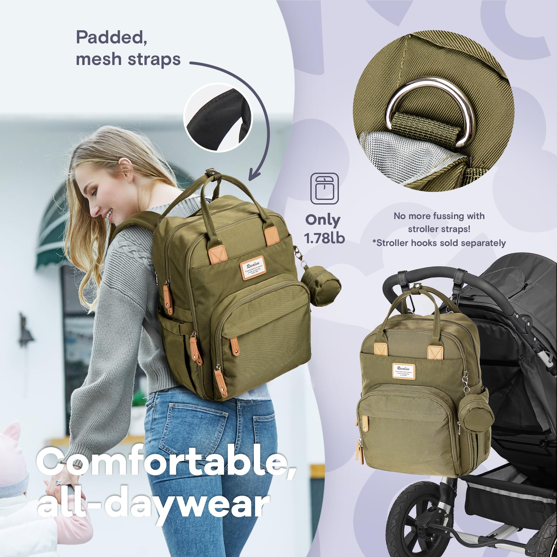 RUVALINO Diaper Bag Backpack, Multifunction Travel Pack Maternity Baby Changing Bags, Large Capacity, Waterproof, Beige