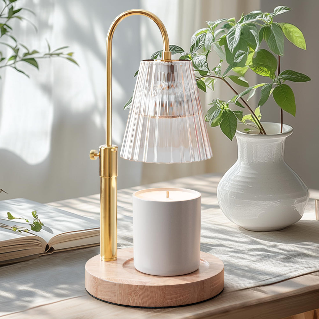 Flameless Candle Warmer Lamp for Jar Candles Large &amp; Small – Dimmable Lamp Candle Warmer Electric with Large Marble Base &amp; Adjustable Height – Candle Melter with Timer and 4 Halogen Light Bulbs